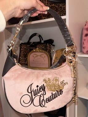 Juicy Couture Blush Pink Velvet Crescent Bag with Gold Accents